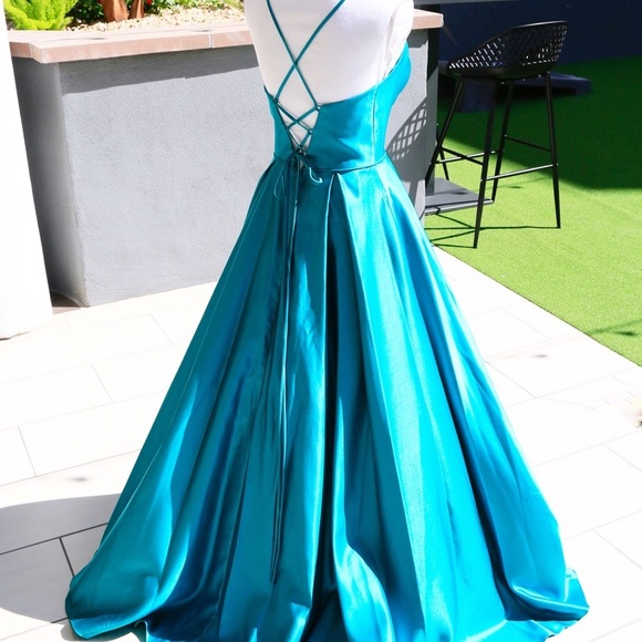 Evening Gown – Blondie Nites – Teal – Satin Ball Gown Lace‑Up Back w/ Pockets 3 - Picture 7 of 16